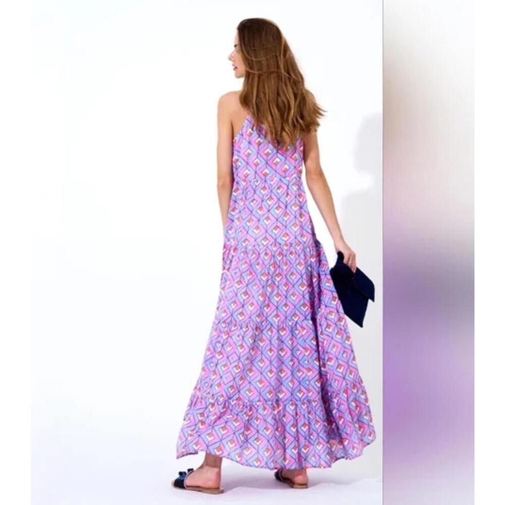 Oliphant Tiered Tassel Pink Blue Geometric Maxi Dress Size XS Cotton